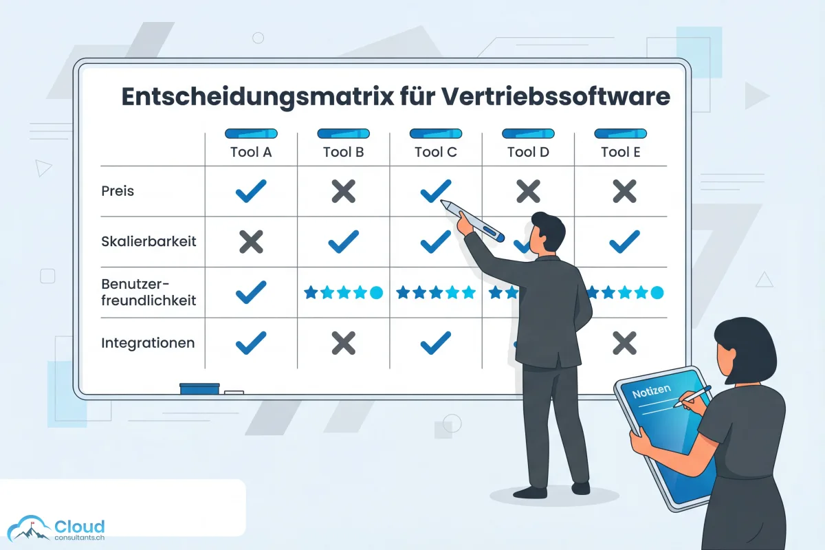 Entscheidungsmatrix auf einem Whiteboard mit fünf Softwareoptionen und Bewertungskriterien — eine Hand zeigt auf die Spalte mit der höchsten Gesamtpunktzahl