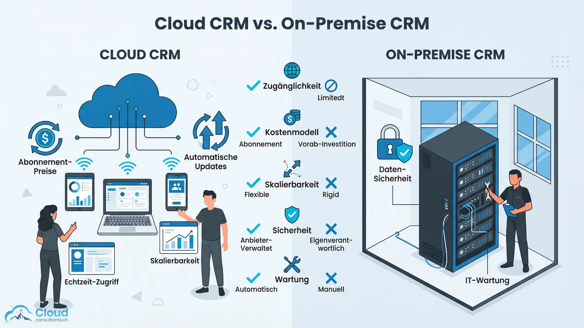 Flat Illustration im Split-Design: links Cloud-CRM mit verbundenen Geräten und Cloud-Symbol, rechts On-Premise mit Server-Rack im Büro, dazwischen eine Vergleichs-Checkliste