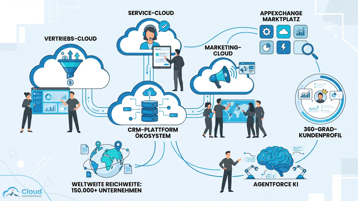 Flat Illustration von Salesforce als CRM-Plattform: zentrale Cloud-Architektur verbunden mit Sales Cloud, Service Cloud und Marketing Cloud, umgeben von AppExchange-Icons und einem 360-Grad-Kundenprofil