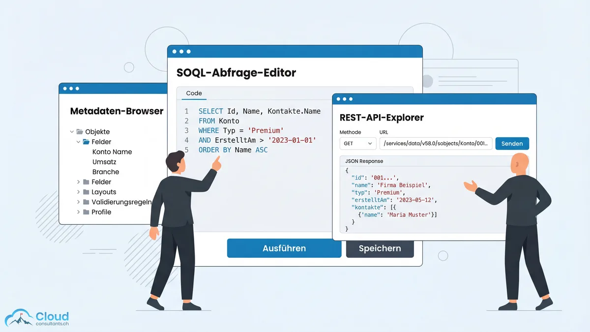 Salesforce Workbench Kernfunktionen: SOQL-Query-Editor, REST-API-Explorer und Metadaten-Browser in einer webbasierten Oberfläche