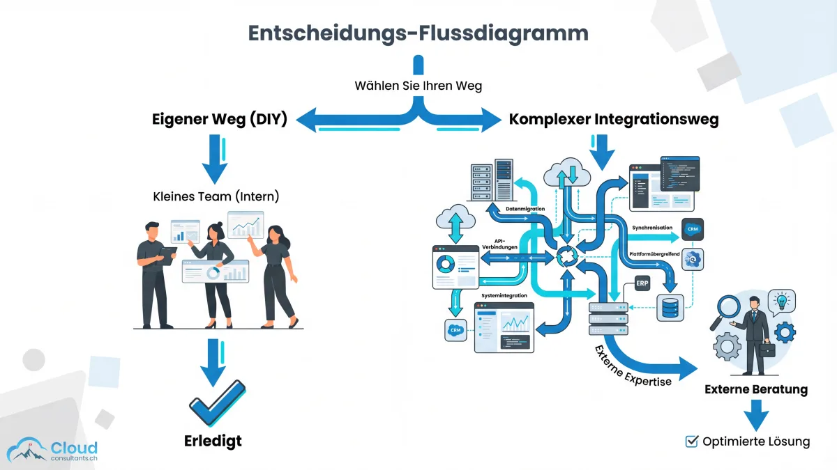 Entscheidungsflussdiagramm: Links ein einfacher DIY-Pfad mit kleinem Team und Häkchen, rechts ein komplexer Pfad mit Integrationen, Datenmigration und Systemen — der zum externen Berater führt