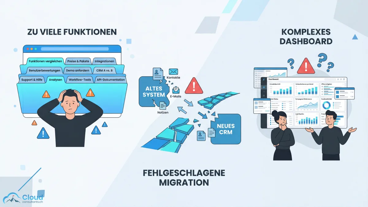 Typische CRM-Auswahlfehler: Person überfordert von zu vielen Feature-Vergleichen, unterbrochener Migrationspfad mit verstreuten Daten und verwirrtes Team vor einem zu komplexen Dashboard