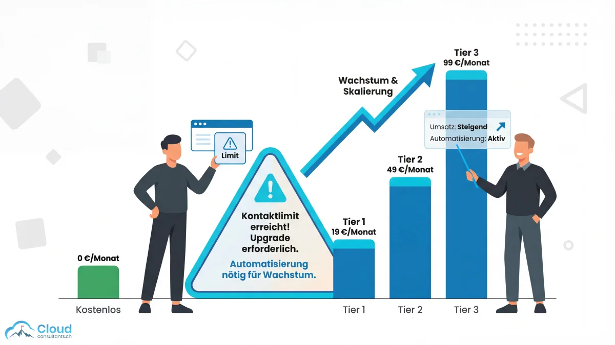 Übergang vom kostenlosen zum bezahlten CRM: Wachsende Balken von der Free-Stufe zu Bezahl-Editionen, mit Warnsignalen am Übergangspunkt — Kontaktgrenze erreicht, Automatisierung benötigt