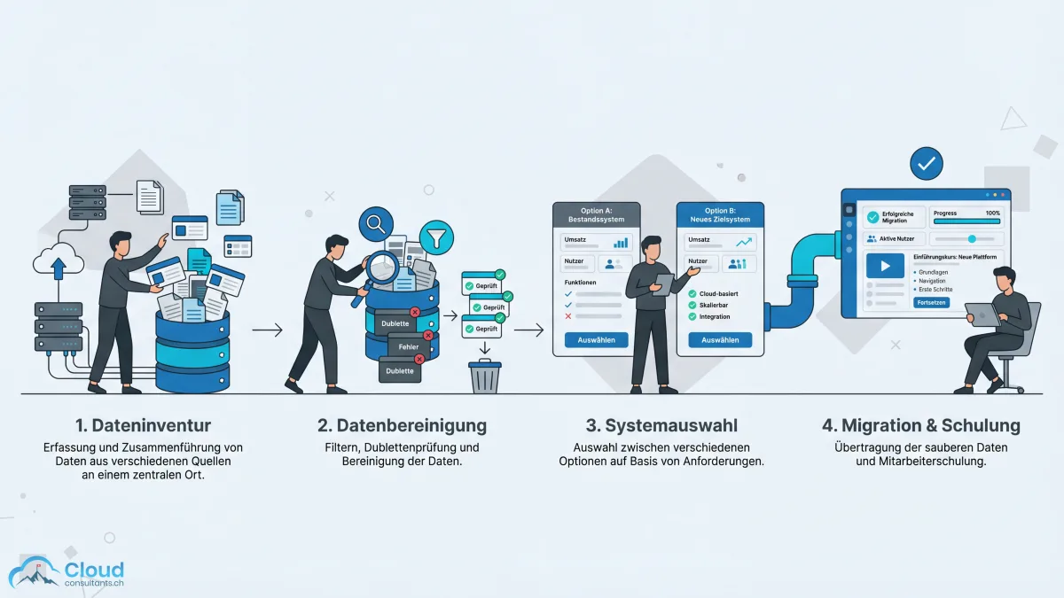 Vier Migrationsschritte: Bestandsaufnahme aus mehreren Quellen, Datenbereinigung und Deduplizierung, Systemauswahl zwischen Optionen, Migration und Schulung mit Datenfluss in das neue System